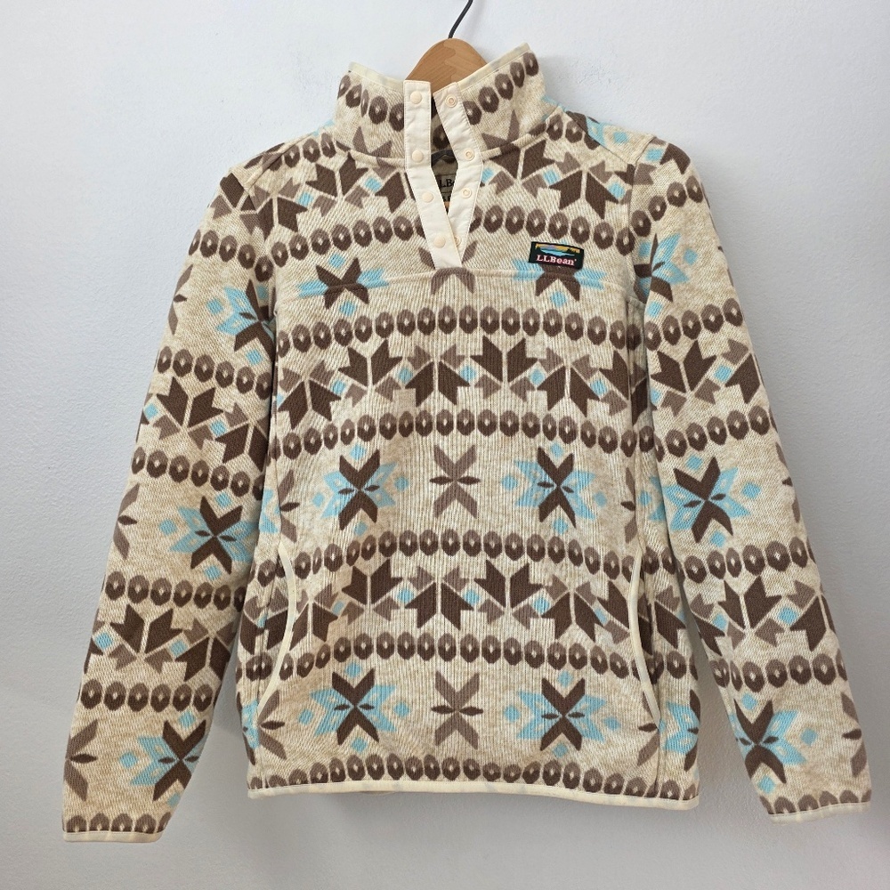 LL Bean Women's Sweater Fleece Snowflake Print Pullover - Small